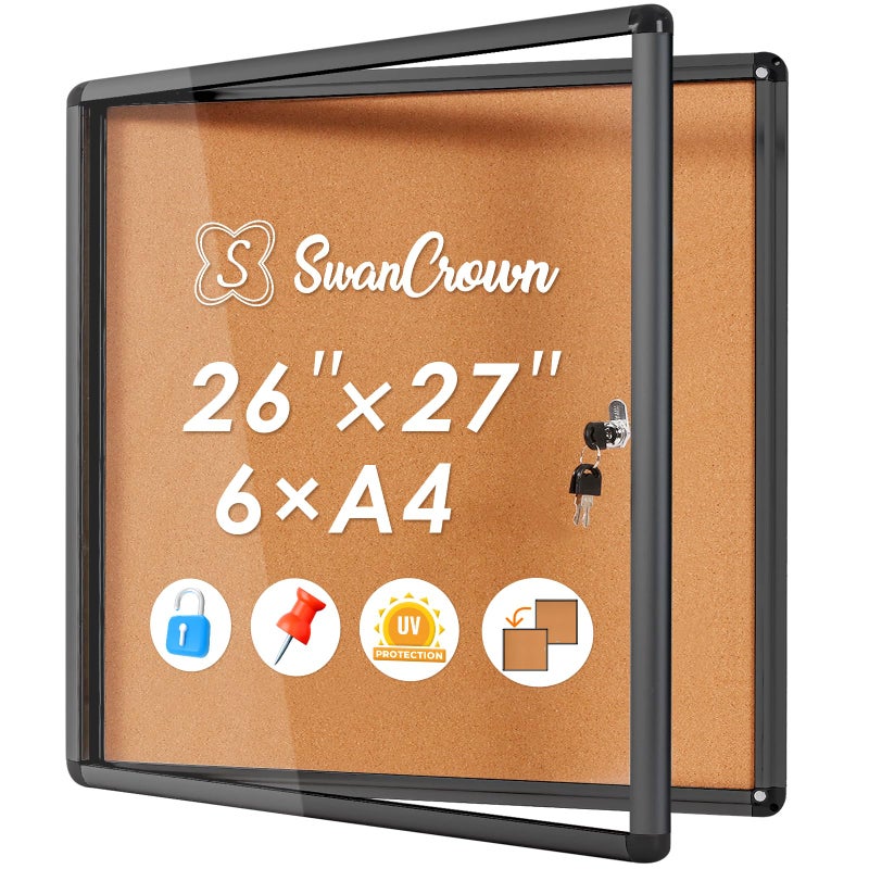S SWANCROWN SWANCROWN Lockable Noticeboard Wall-Mounted Bulletin Cork Boards Tamper Proof Information Board Indoor,Black Frame,28x26 inch (6xA4) - Image 1